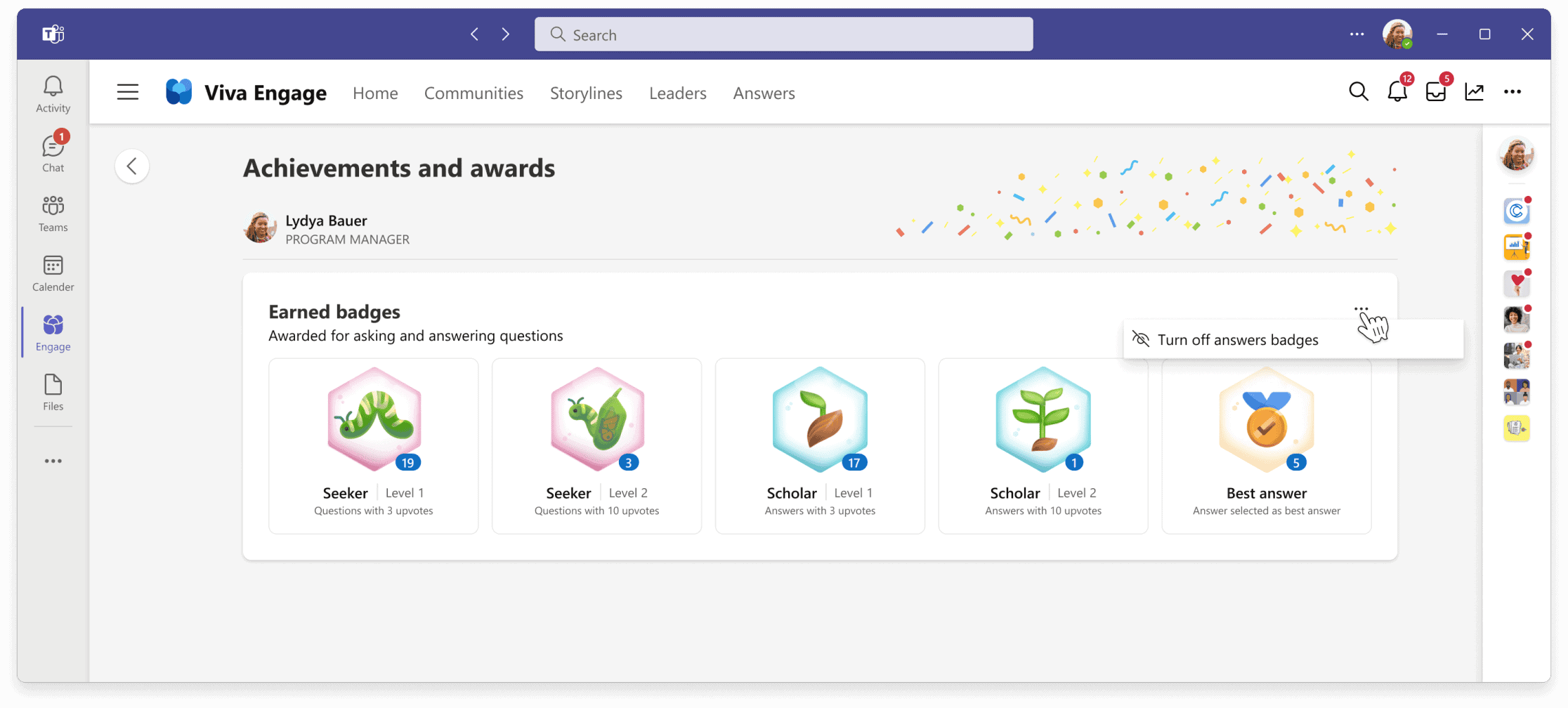 Example of praise and badges in Viva Engage