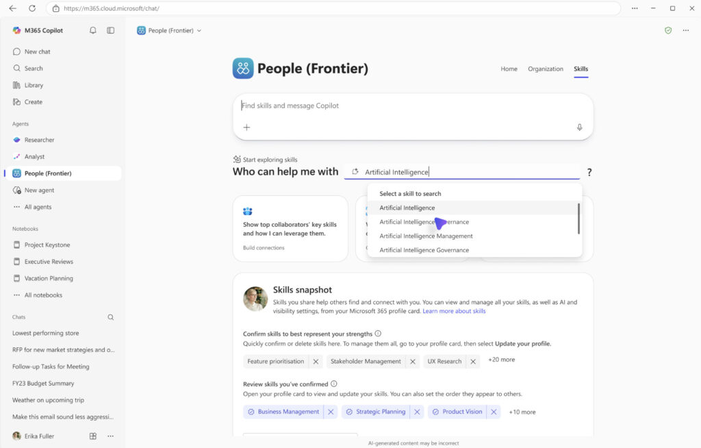 The People Agent in Microsoft 365 Copilot showing the ability to search colleagues based on their skillset.