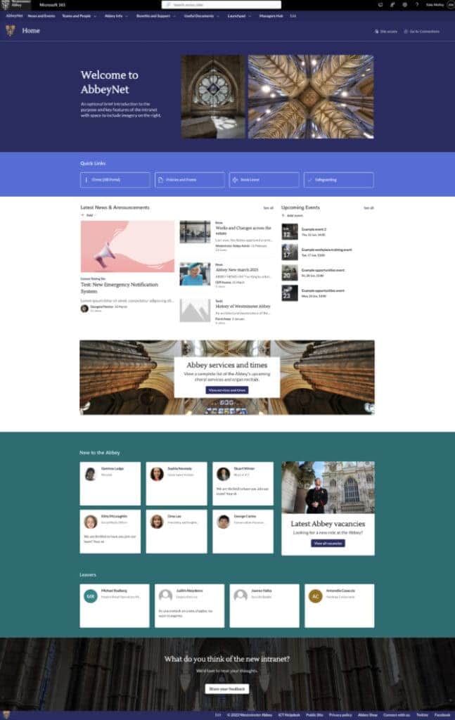 AbbeyNet intranet homepage showing a welcome banner with Westminster Abbey images, quick links for policies and safeguarding, latest news and announcements, upcoming events, Abbey services section, staff introductions, job vacancies, and a feedback prompt.
