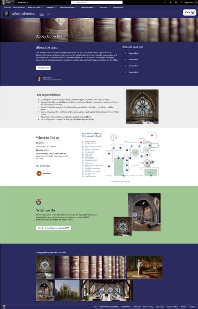 Westminster Abbey Collections intranet page featuring a header with book imagery, team introduction, quick links, key responsibilities list, location map of Westminster Abbey and St Margaret’s Church, section on what the team does, and an image gallery of Abbey artefacts and interiors.