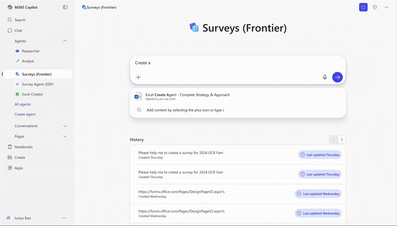Example of Surveys Agent in Microsoft 365 drafting an employee survey based on a short natural language prompt.