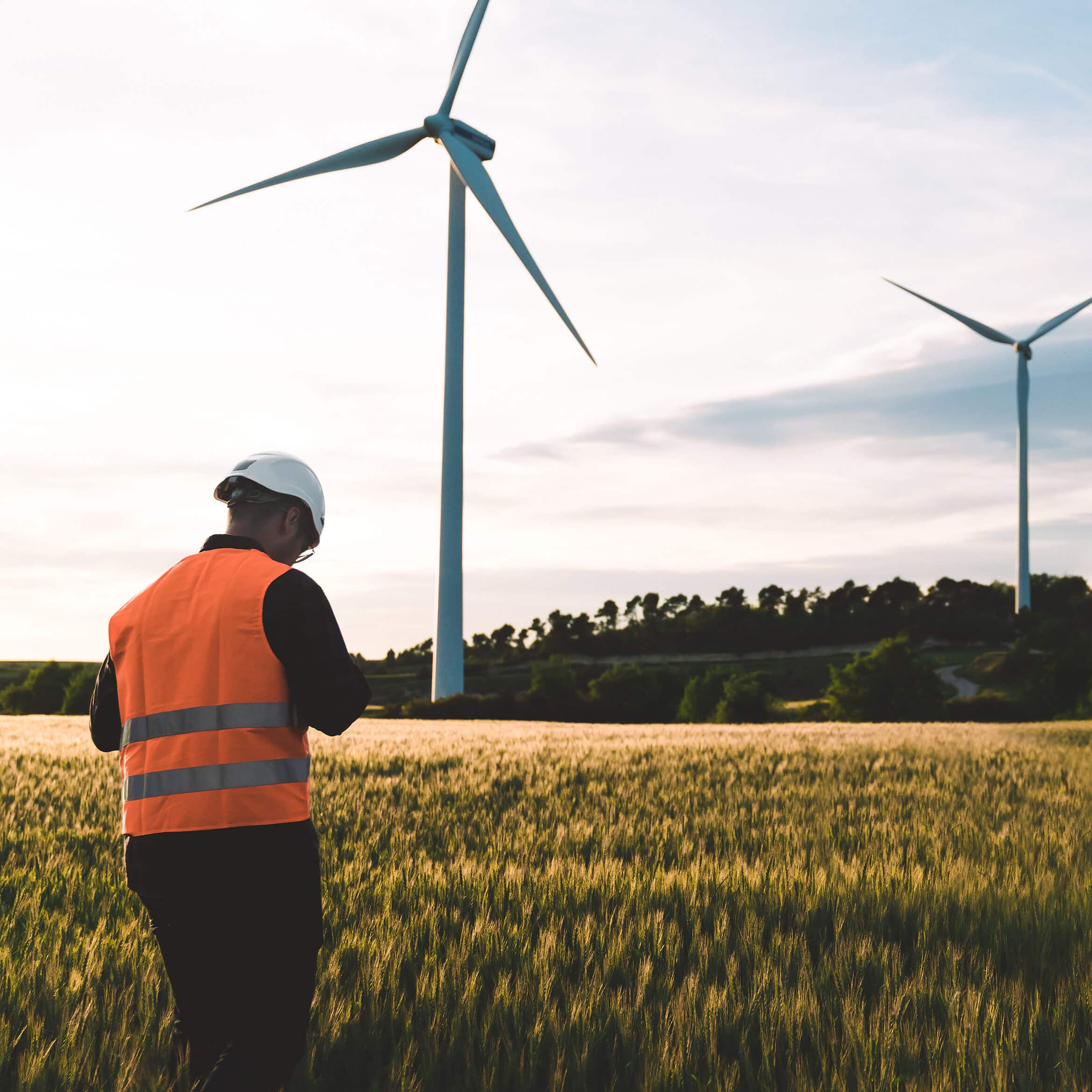 Engineer working at alternative renewable wind energy farm - Sustainable energy industry concept