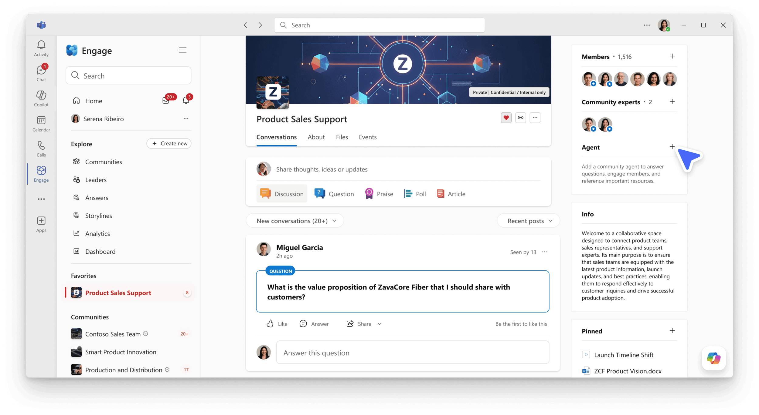 Screenshot of Viva Engage and AI Agent in dashboard