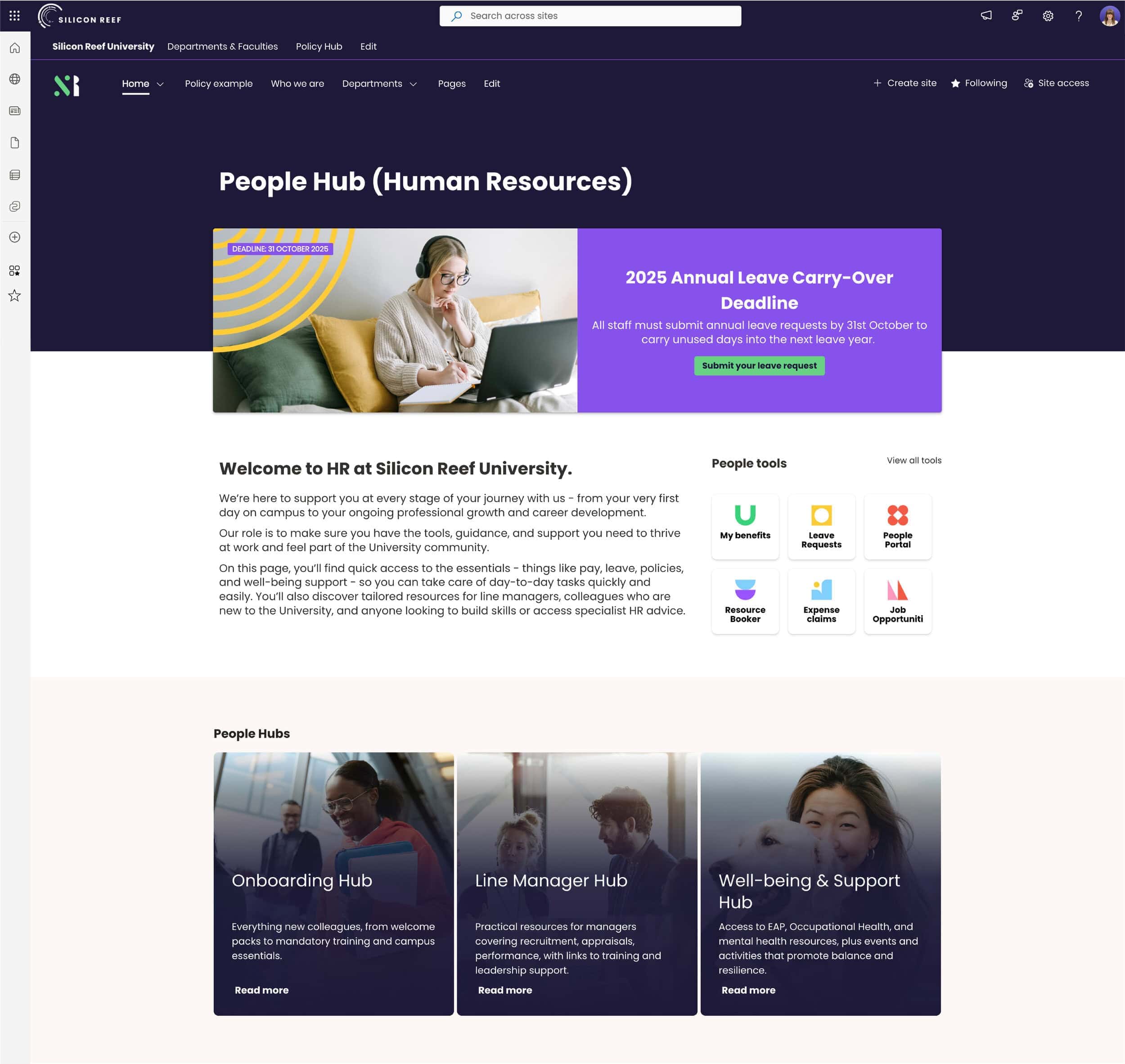 Example of a HR Hub in a SharePoint intranet built by Silicon Reef