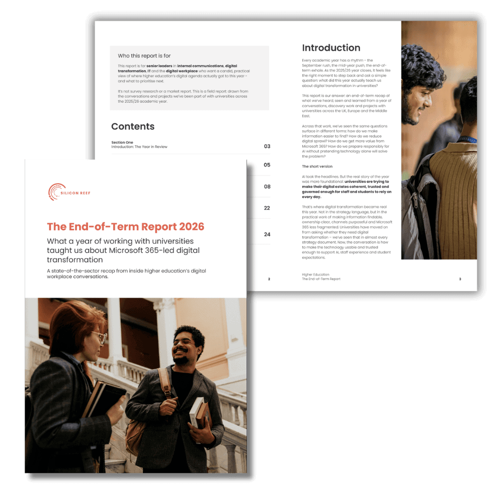 A preview image of the Higher Education end-of-term report for 2026. Showcasing the title page, followed by the contents page and introduction 'the year in review' page.