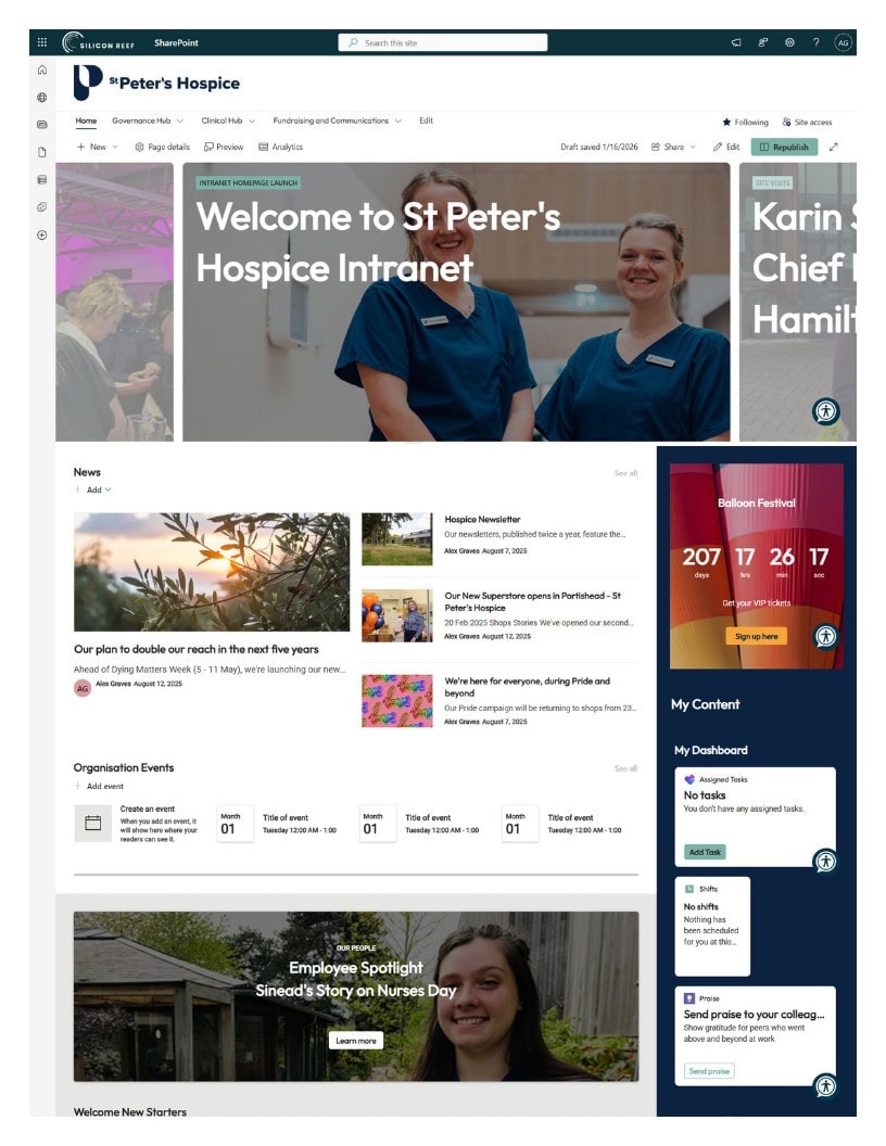 A demo SharePoint homepage site with St Peter's Hospice branding, featuring a scrolling carousel of news, a countdown to important events and dashboard cards.