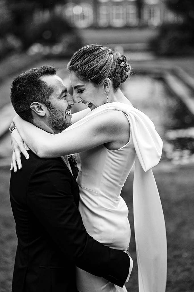Bride and groom hugging on their wedding day