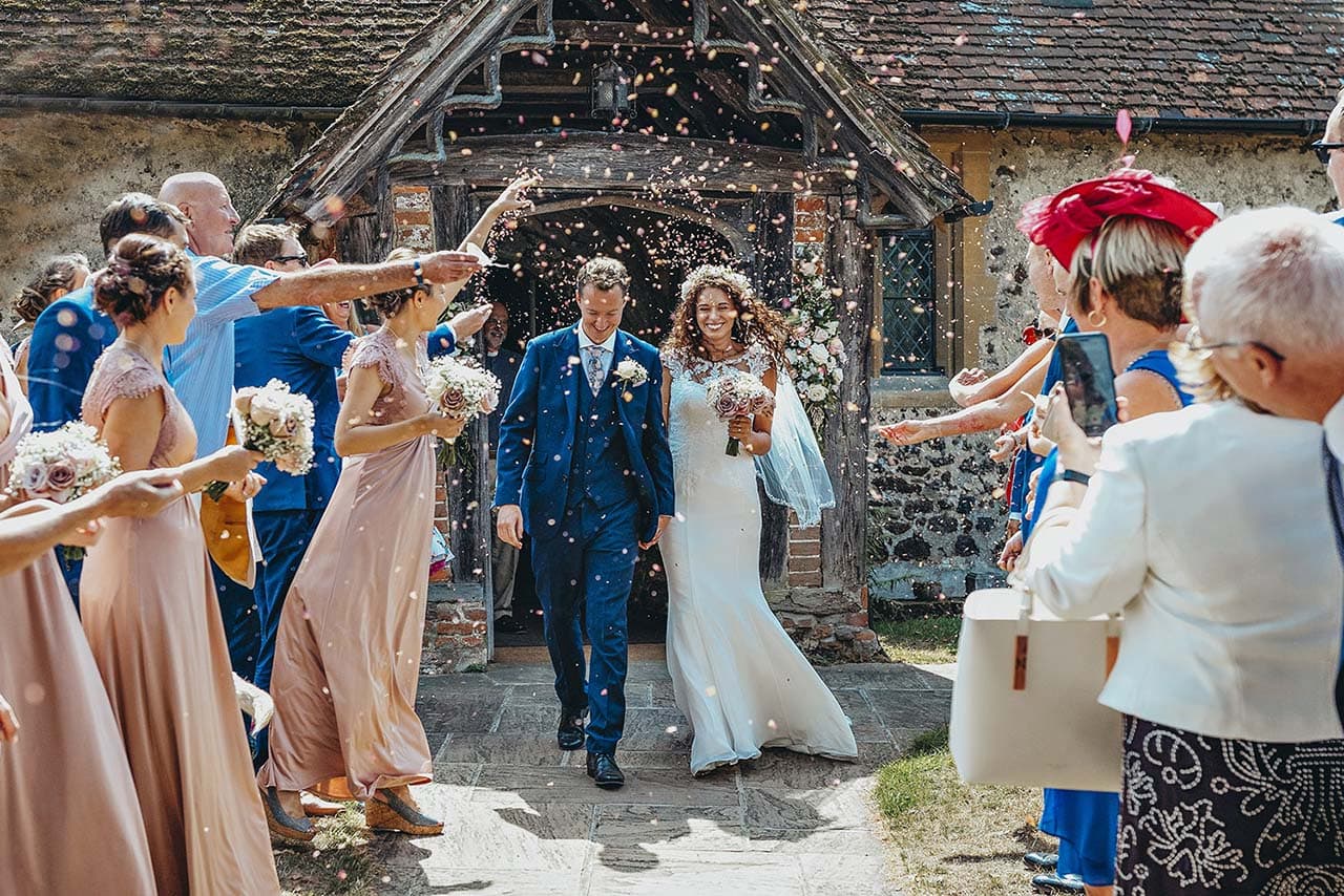 Confetti wedding picture at a church