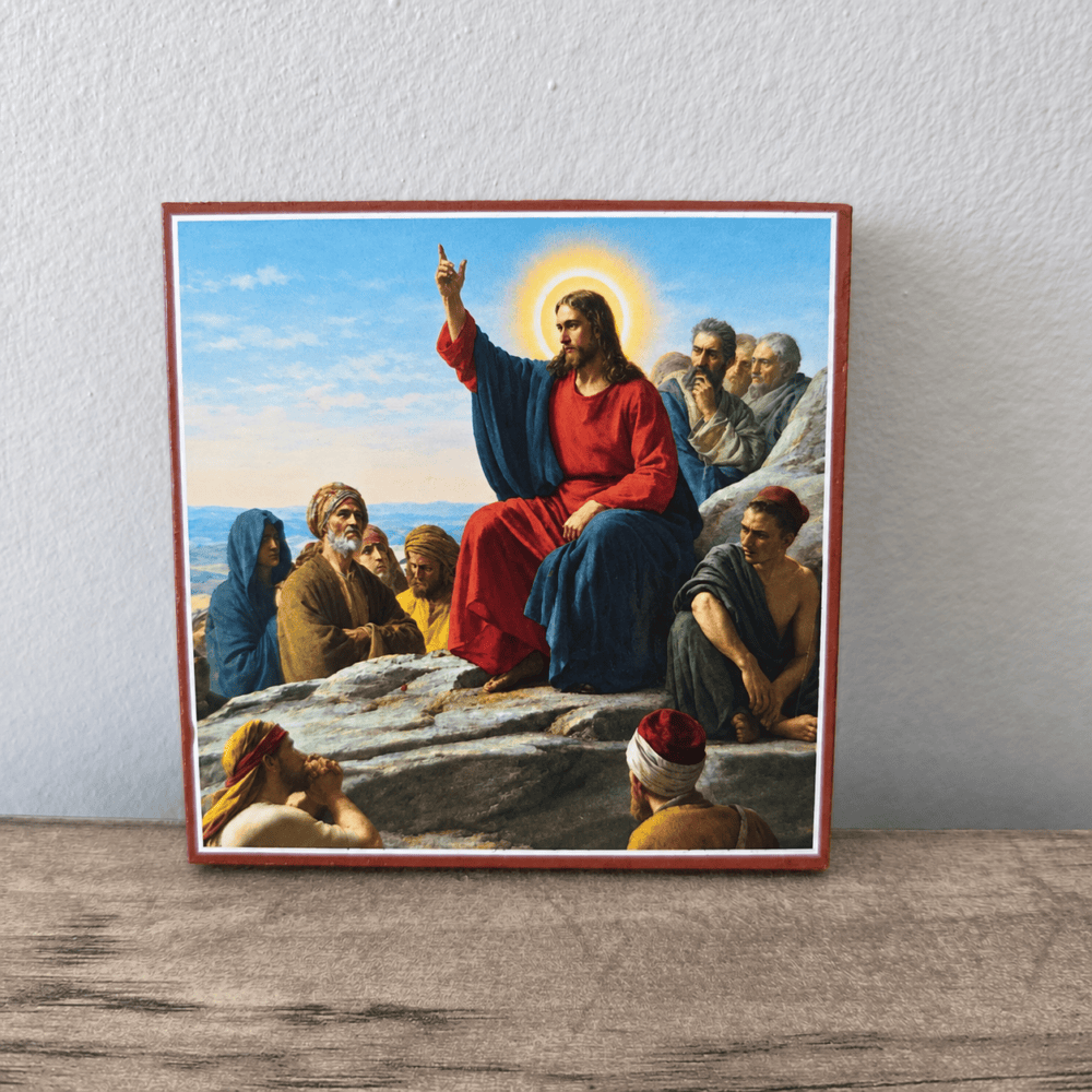 Jesus Sermon on the Mount Square Mounted Icon โ Front View Jesus Sermon on the Mount wooden icon, front view of Christ teaching the gathered listeners, 3x3 inches