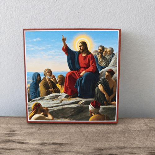 Jesus Sermon on the Mount wooden icon, front view of Christ teaching the gathered listeners, 3x3 inches