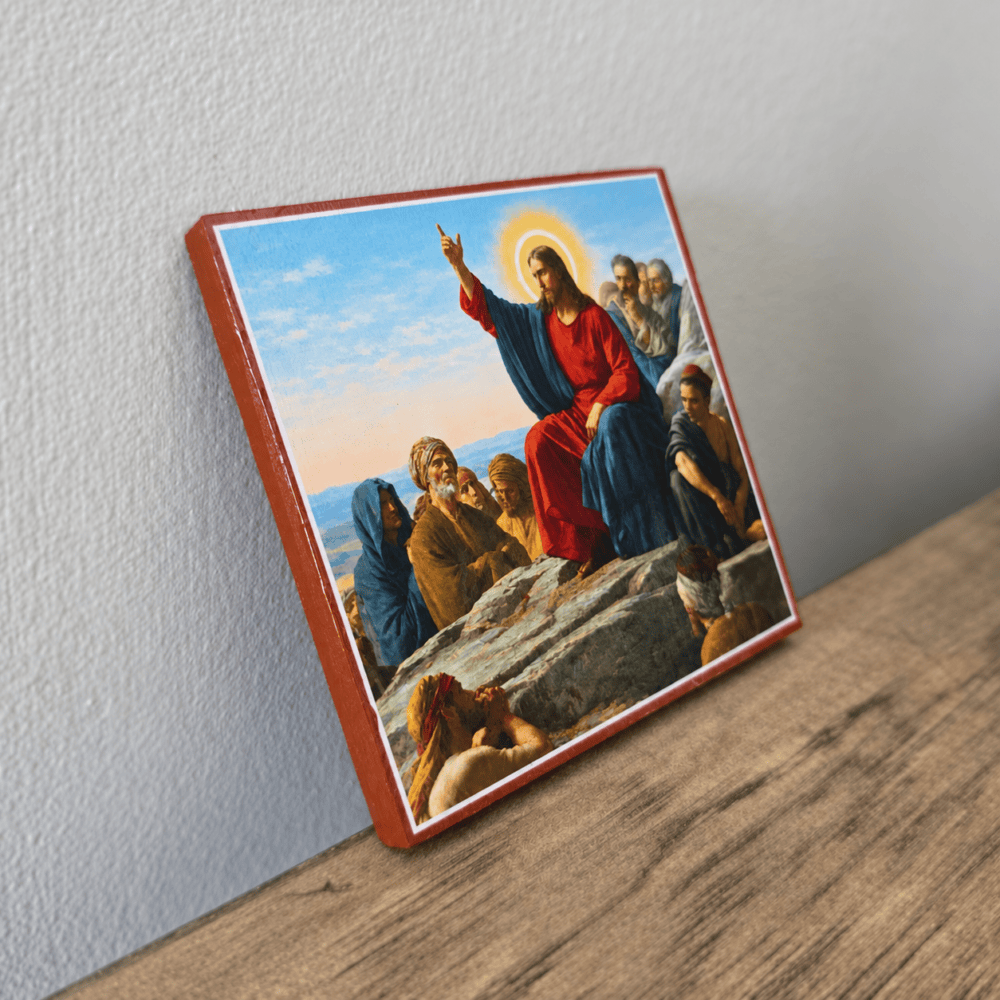 Jesus Sermon on the Mount Square Mounted Icon โ Angled View Jesus Sermon on the Mount wooden icon, angled view showing the 0.3-inch wooden mount, 3x3 inches
