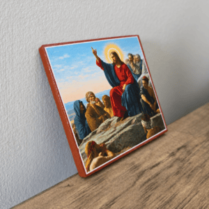 Jesus Sermon on the Mount wooden icon, angled view showing the 0.3-inch wooden mount, 3x3 inches