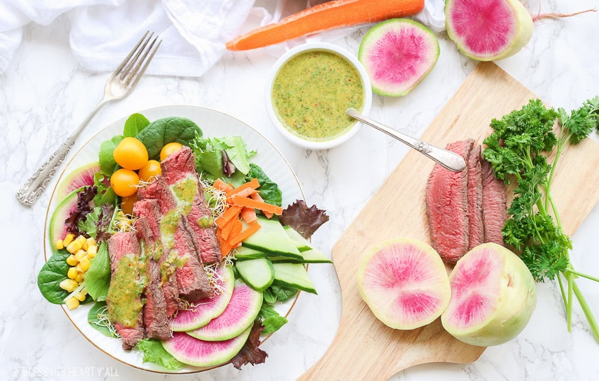 an overhead shot of a full plate of Chimichurri Steak Salad Whole30, Paleo