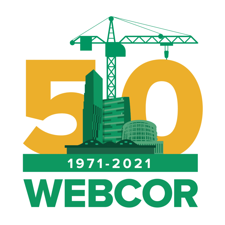 Webcor 50th Anniversary commemorative logo with gold numeral 50, green icon of crane and buildings, and the words 1971-2021 above the word Webcor