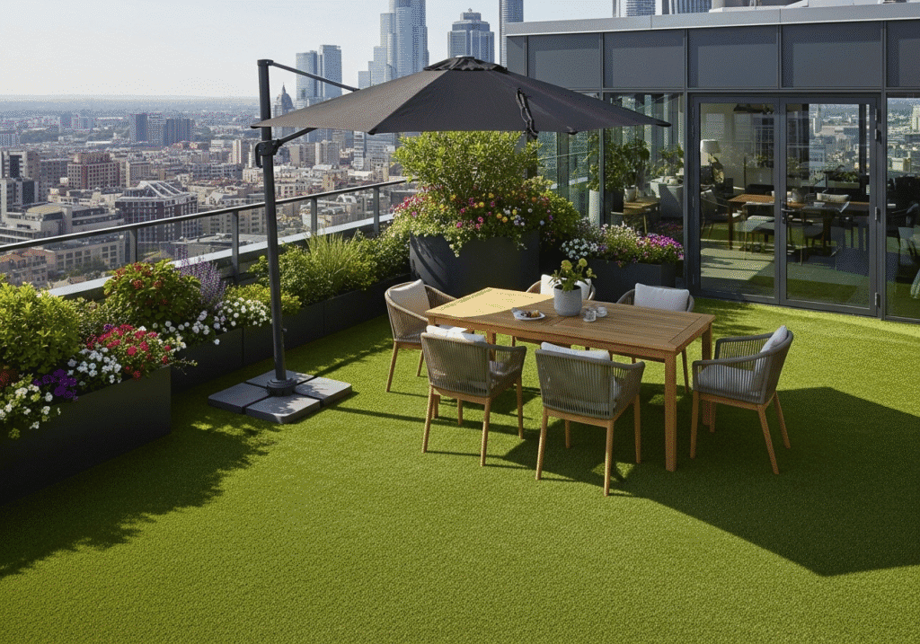 Auf dem Bild ist eine Dachterrasse mit Kunstrasen abgebildet – KI bearbeitet