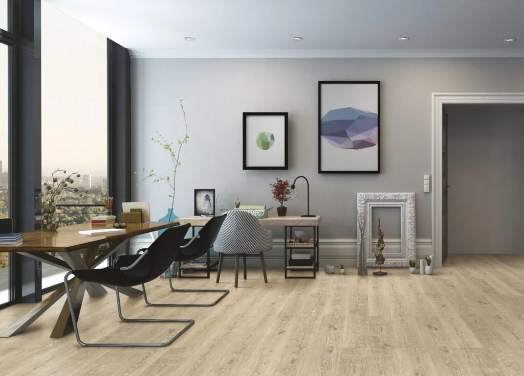 Esszimmer mit werkhaus Korkboden aus der Kollektion GeoKork. Der Korkist in einer Holzoptik – KI bearbeitet