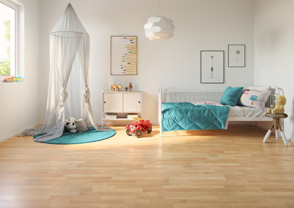 werkhaus Laminatboden in einem Kinderzimmer verlegt, der den Raum in ein warmes Raumgefühl zaubert. – KI bearbeitet