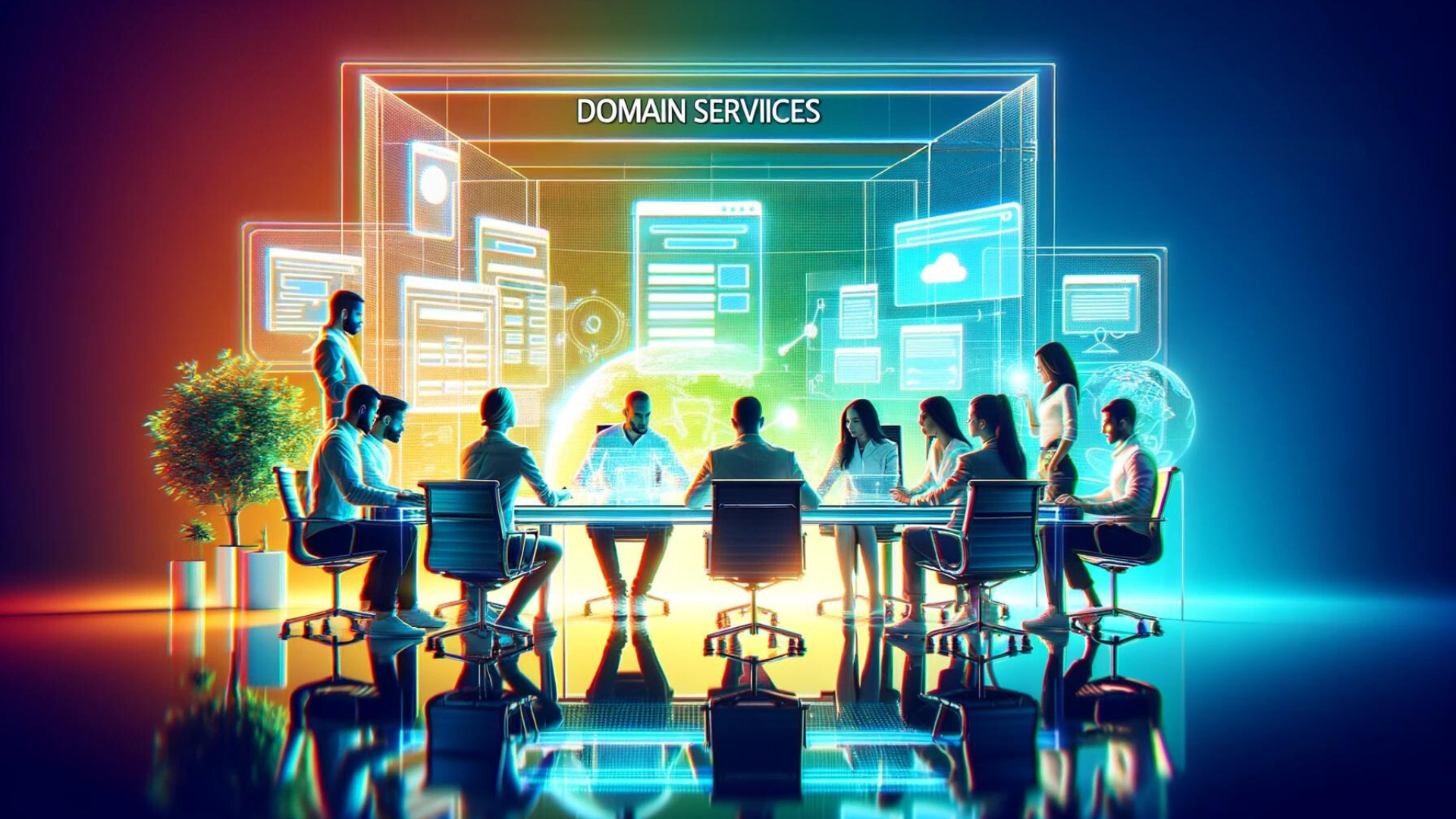 Digital technology conference room with holographic interface and glowing screens for domain services and web development.