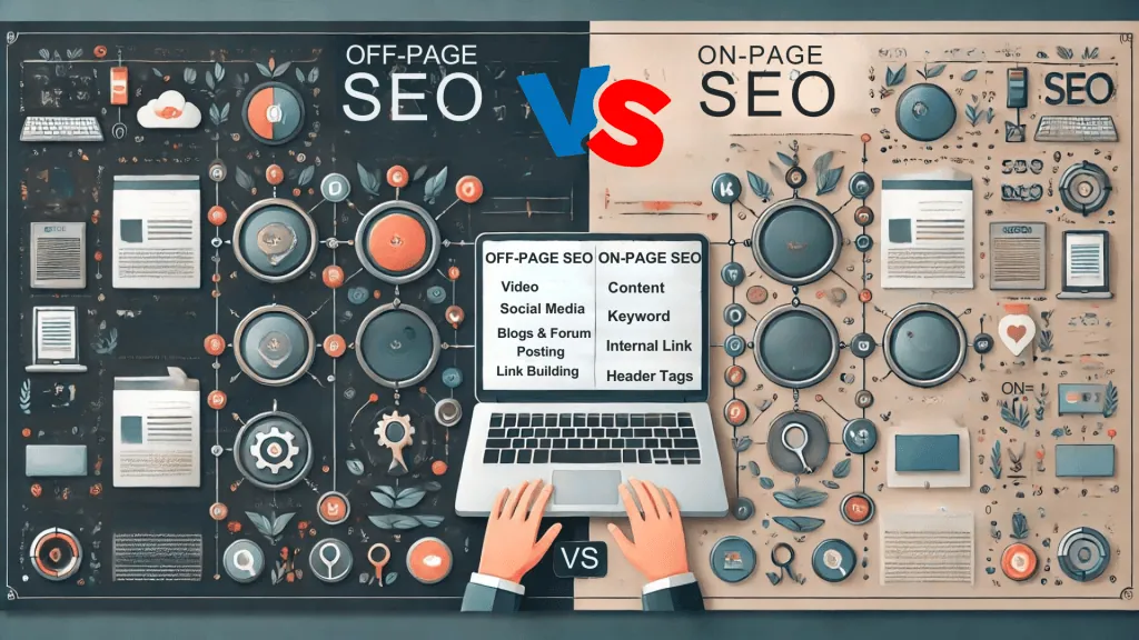image graphic depicting the difference between on-page and off-page SEO, illustrating how off-page efforts surround and boost the central website