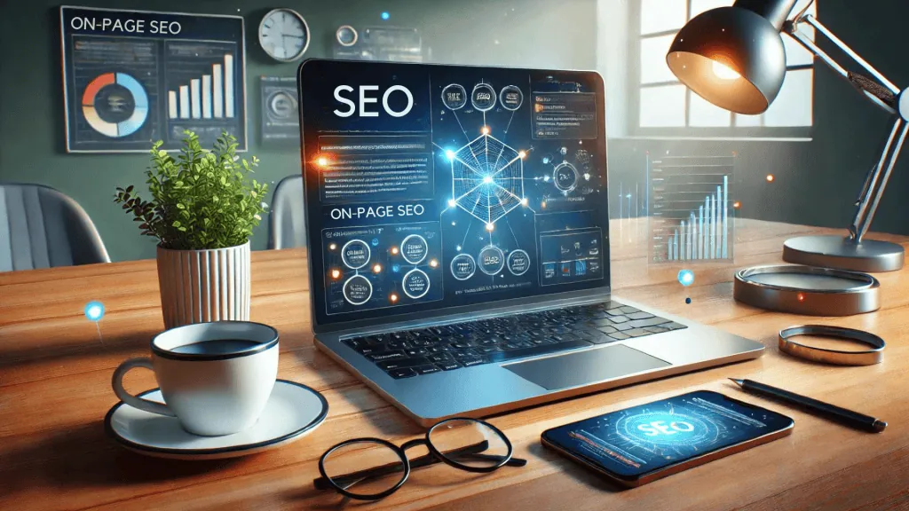 image of an optimized webpage with annotations showing key on-page SEO elements like meta tags, headers, and URLs.