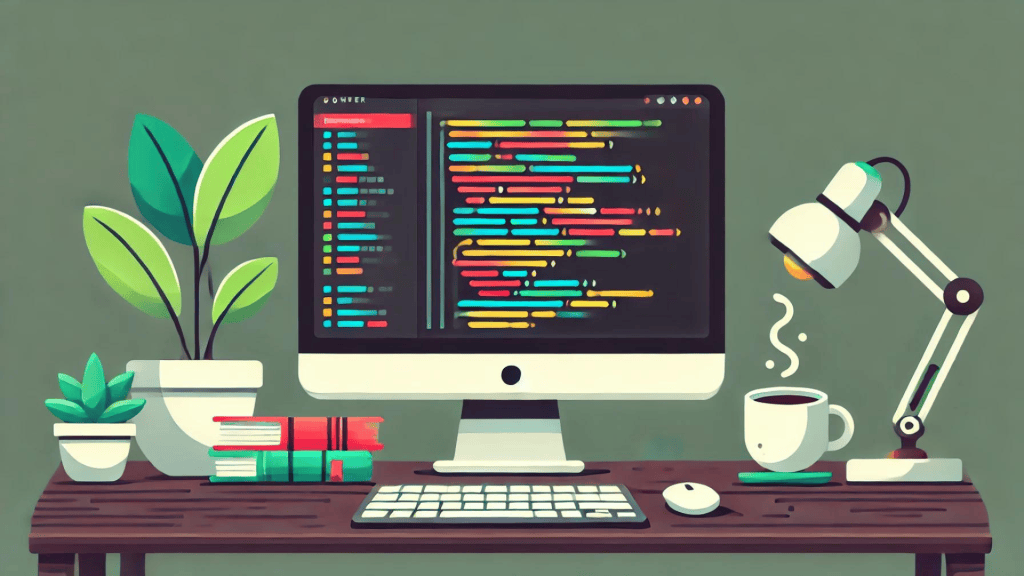 Code development workspace with plants, books, coffee, and a desk lamp, emphasizing web development, software engineering, and IT solutions. Suitable for technology and programming related content.