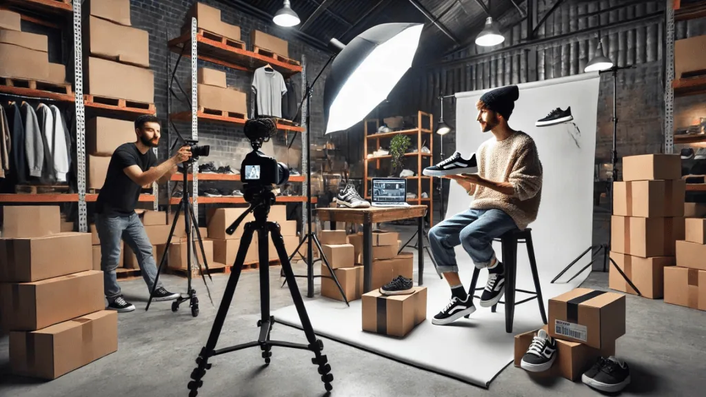 image behind-the-scenes image of a brand collaborating with an influencer in a casual and creative environment.
