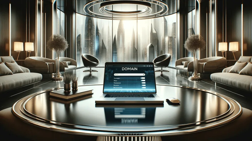 High-tech futuristic office with a laptop displaying domain management, set in a sleek, modern high-rise building with panoramic cityscape views, emphasizing digital solutions and innovative technology.