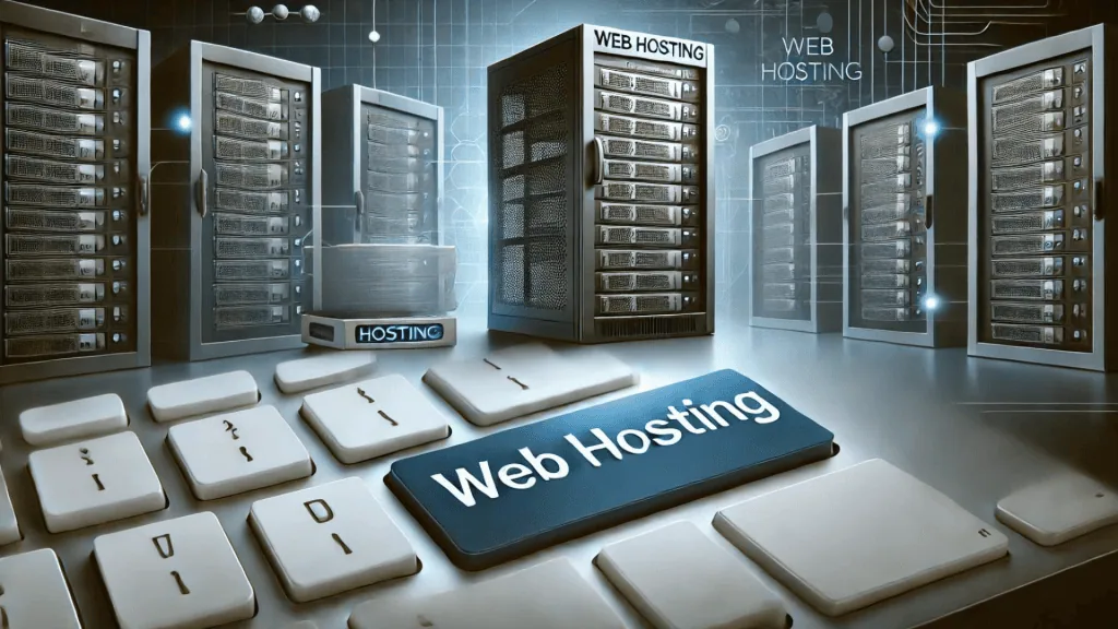 Server and keyboard with the words Web Hosting