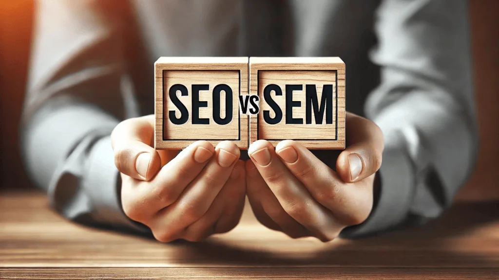 image of a side-by-side comparison infographic of SEO vs SEM showing their primary distinctions.