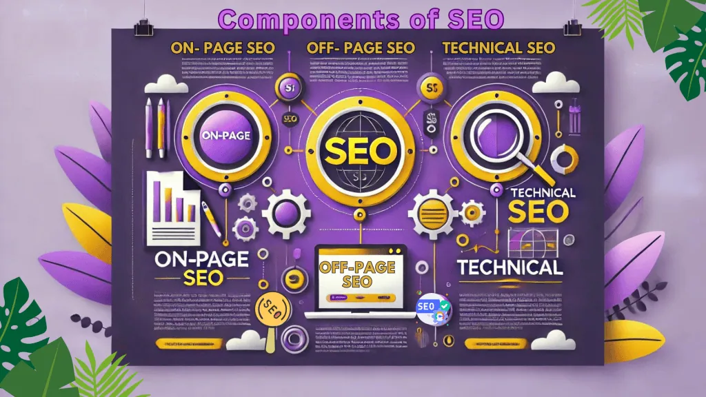 image diagram illustrating the key components of SEO, including on-page, off-page, and technical SEO.