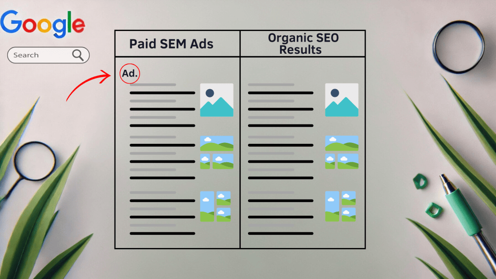 image showing a Google search results page with both organic SEO listings and paid SEM ads.