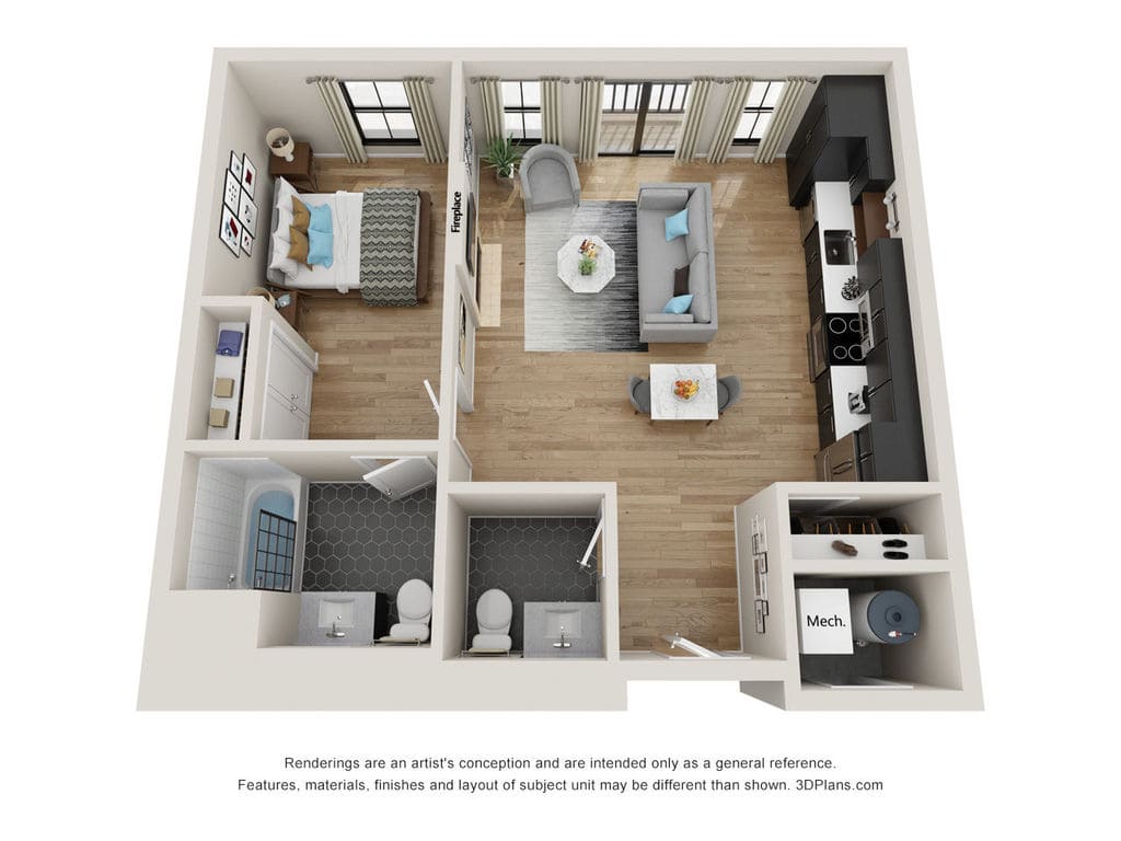 1 BDR, 1.5 BA – A15 Floorplan