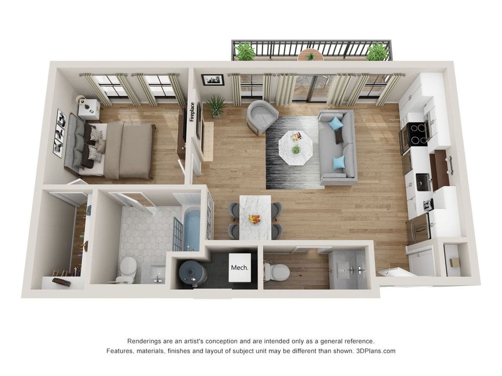 1 BDR, 1.5 BA – A6 Floorplan