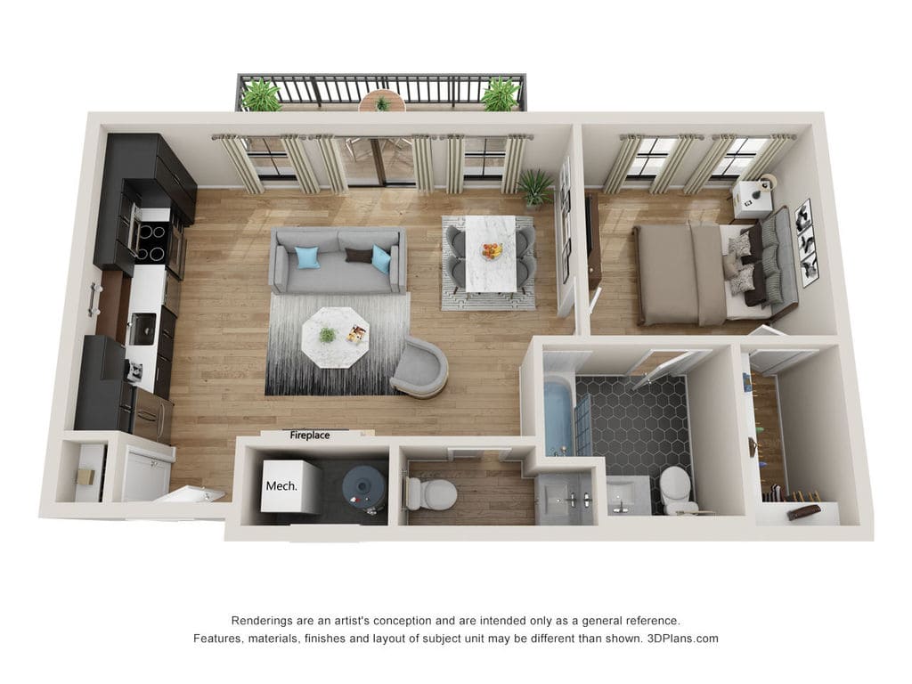1 BDR, 1.5 BA – A7 Floorplan