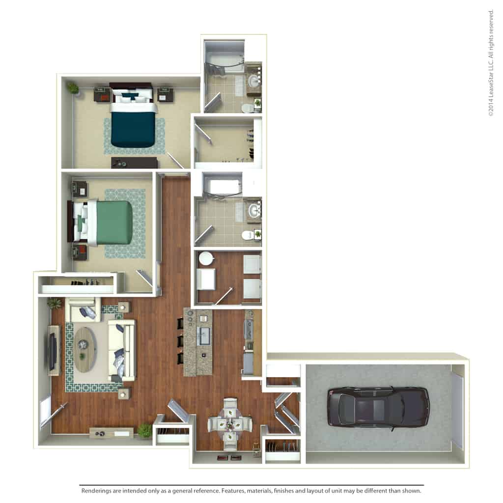 2 BDR, 2 BA – B2 Townhouse Middle Floorplan