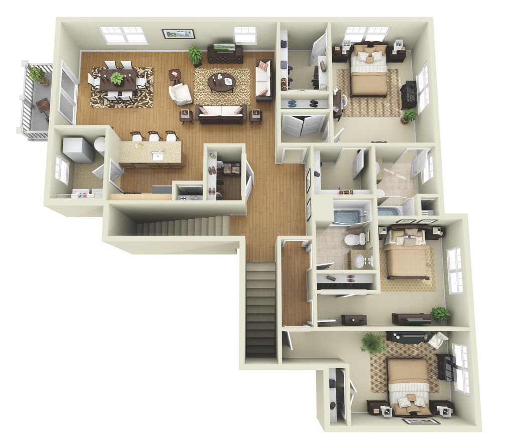 3 BDR, 2 BA – C2 End Floorplan