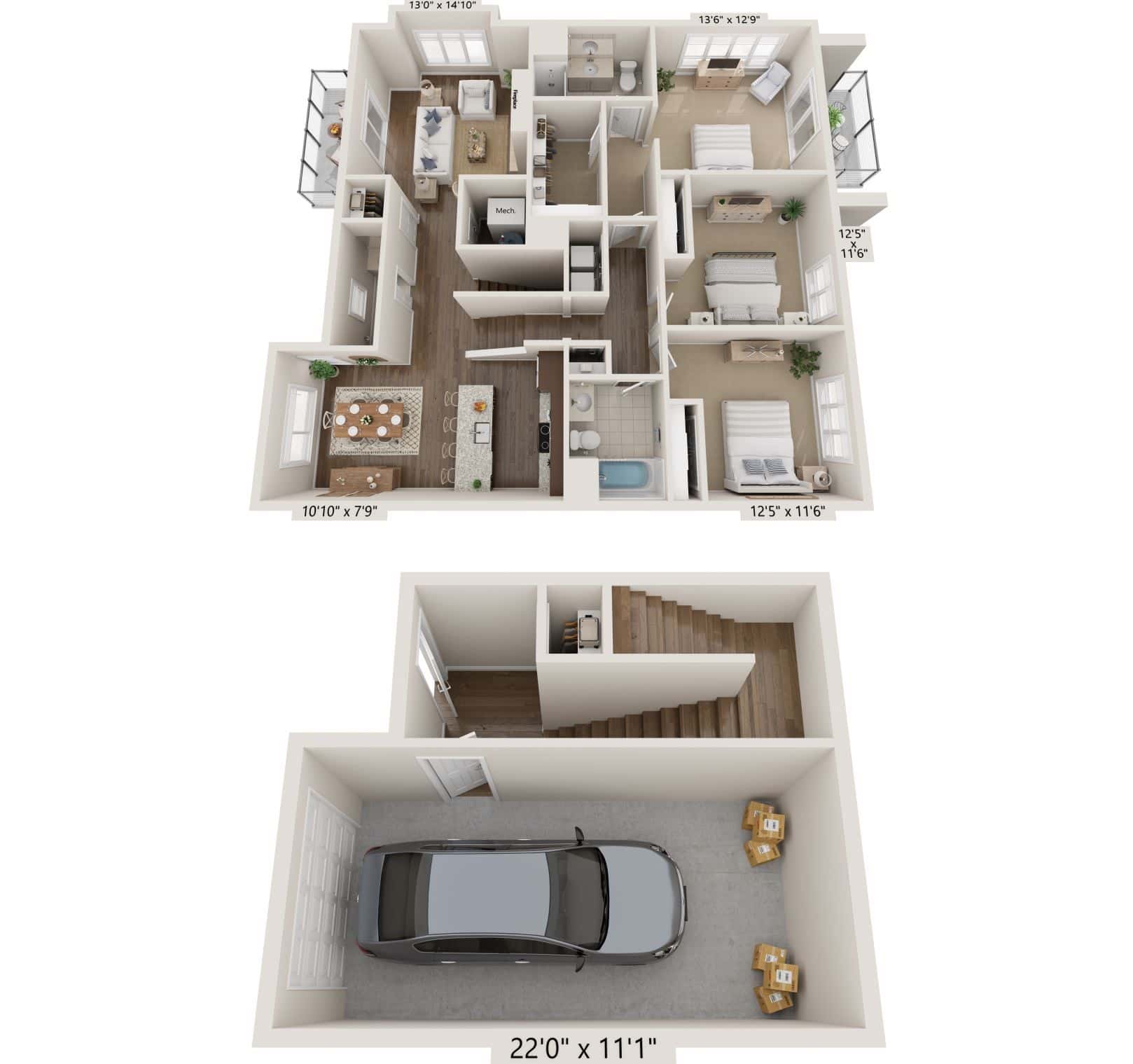 3Ch – 3 Bed 2.5 Bath Floorplan
