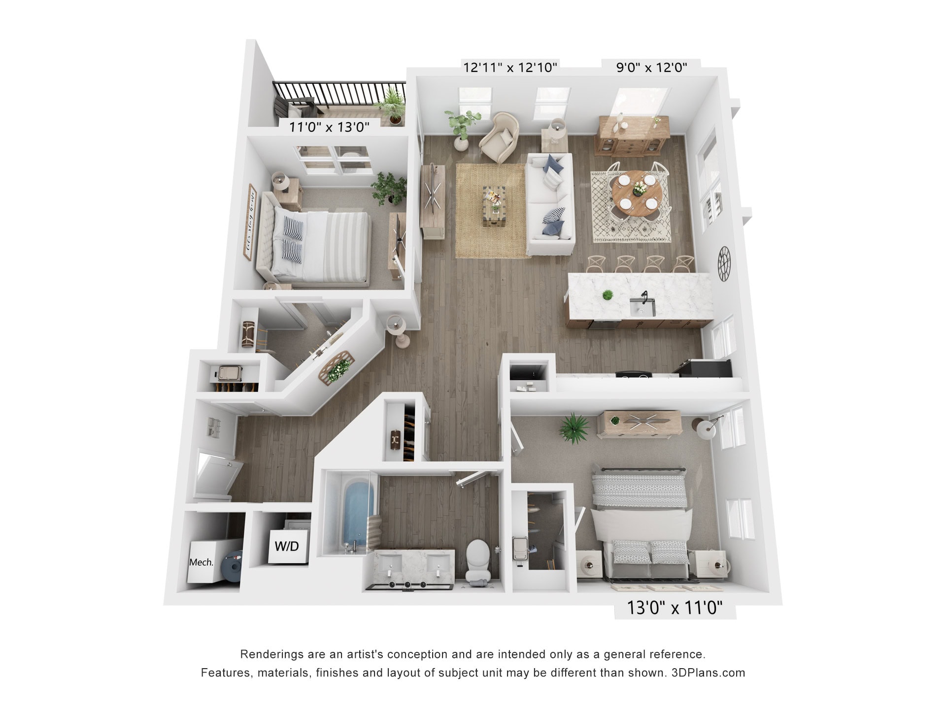 2 BDR, 1 BA – B1-1 Floorplan