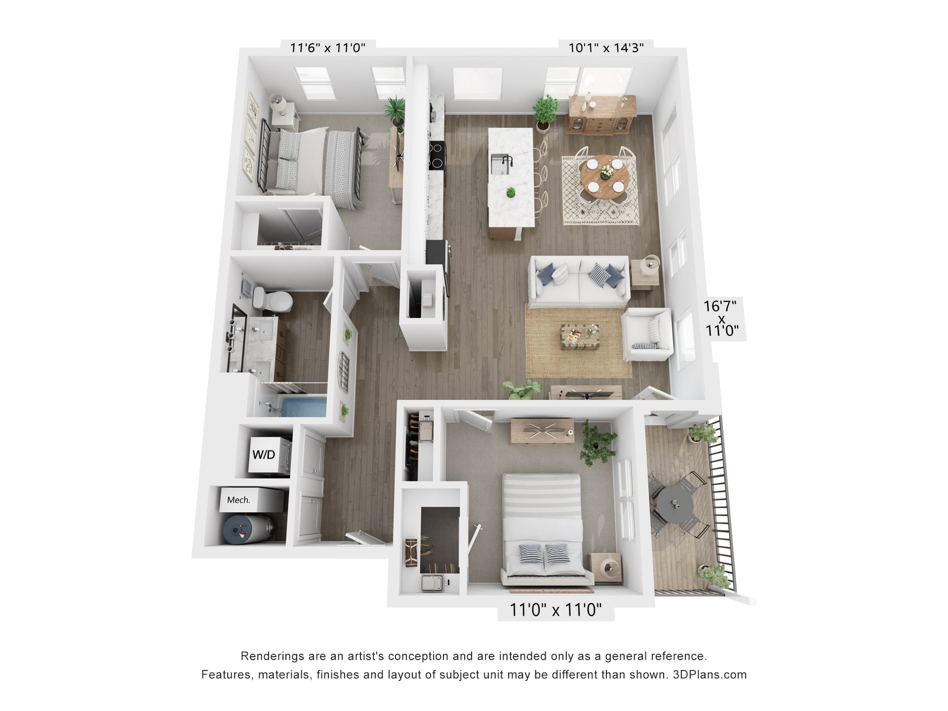 2 BDR, 1 BA – B1-3 Floorplan