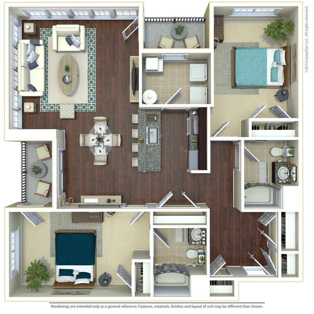 2 BDR, 2 BA – B6 Inside Corner Floorplan
