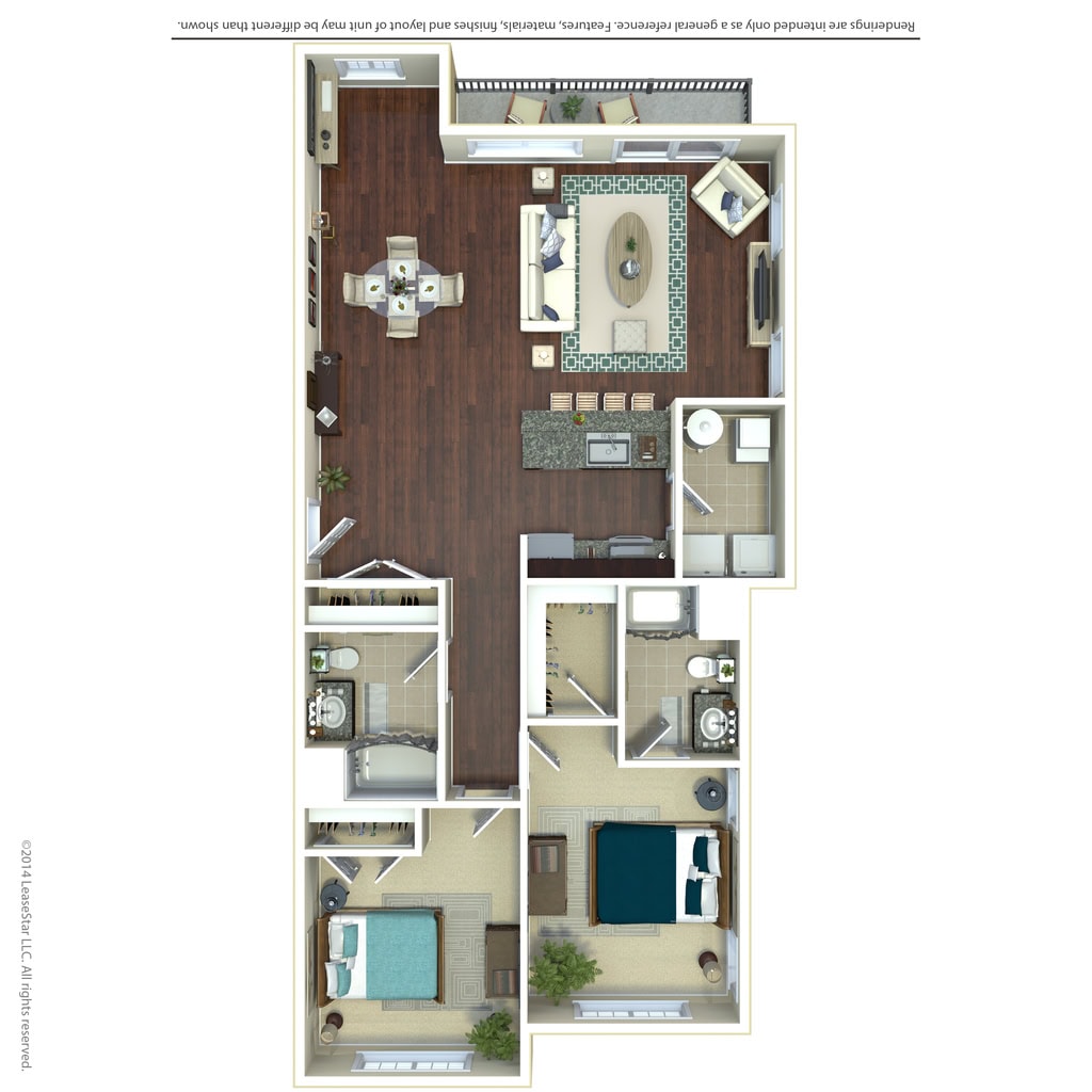 2 BDR, 2 BA – B1 Townhouse End Floorplan