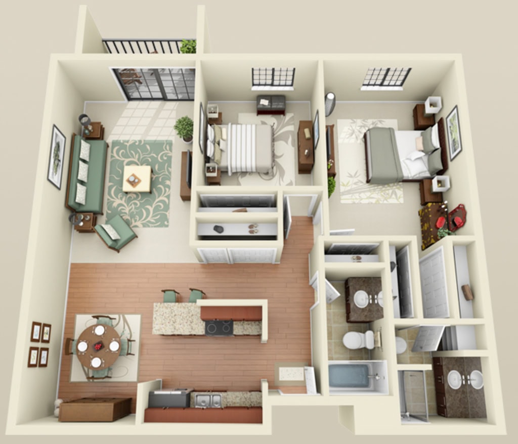 2 BDR, 2 BA – Bldg 222 Luxury Floorplan