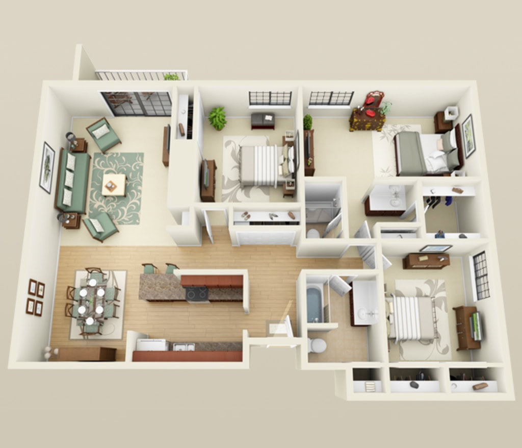 2 BDR, 2 BA – Den, Bldg 222 Luxury Floorplan