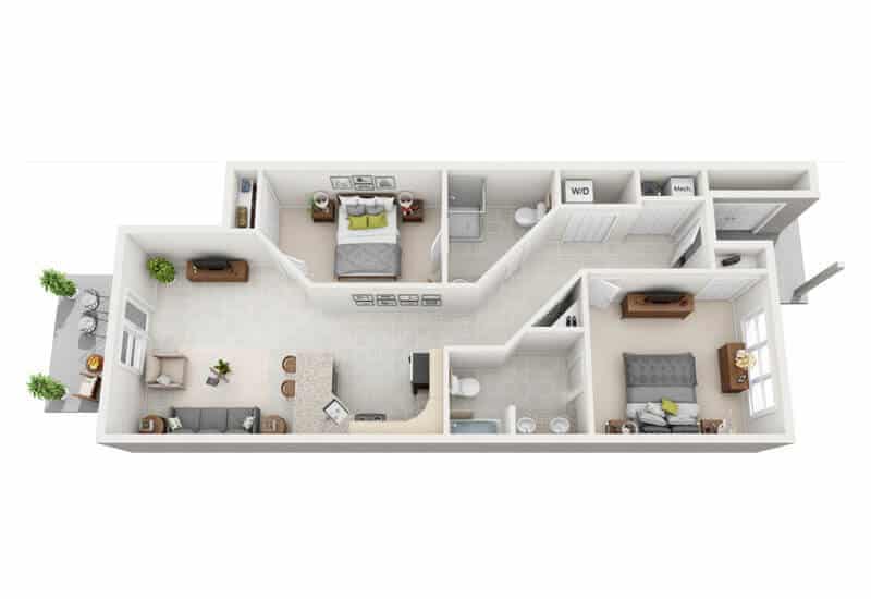 2 BDR, 2 BA – A1 Floorplan
