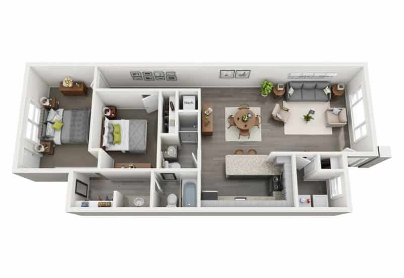 2 BDR, 2 BA – B Renovated Floorplan