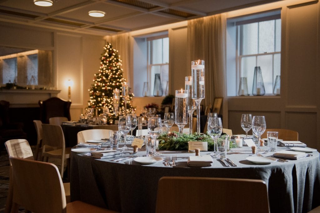 A Christmas wedding tablescape in the Line Hotel DC Banneker Ballroom.
