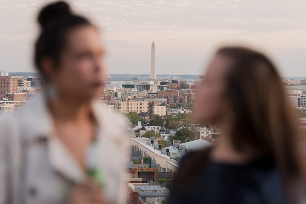 A view of the Washington Monument from the rooftop of the Line Hotel DC.