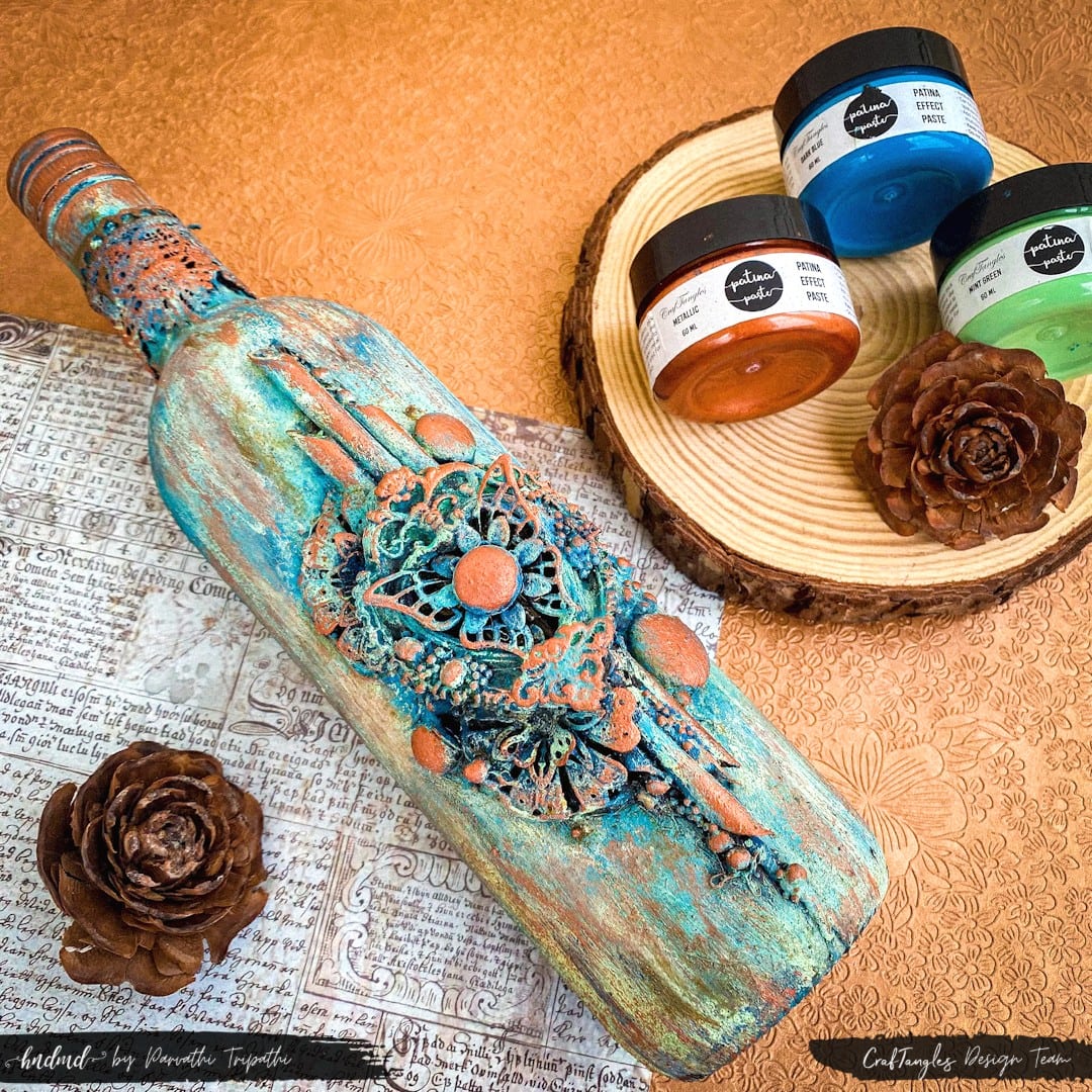 How to use Patina Effect Paste for Beginners - Mixed Media Altered Bottle