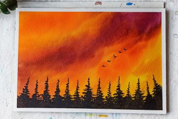 Beautiful 'Fiery Sky' Watercolour Painting