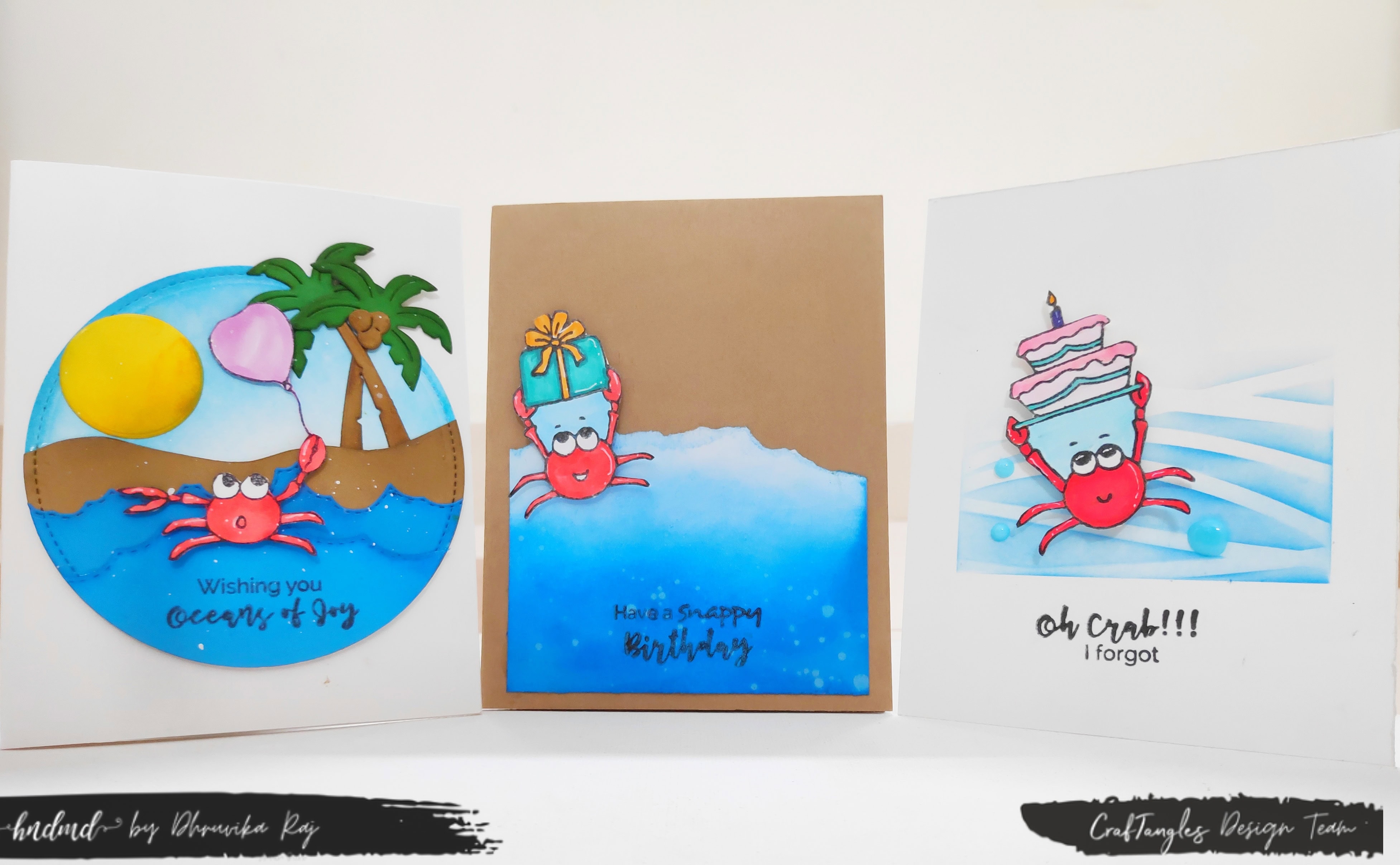 Reuse the scraps and create 3 crab themed cards 2 scraps